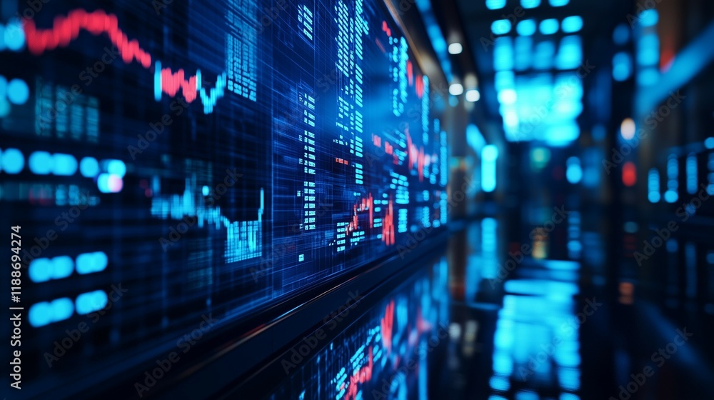 The background is blue, with stock market graphs and numbers on the screen. The charts show different curves of candlestick graphics or bar graph patterns The background is blue, with stock market graphs and numbers on the screen. The charts show different curves of candlestick graphics or bar graph patterns
