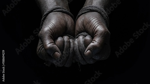 Wallpaper Mural Dark image shows tied hands. Bound hands in struggle. Powerless, hopeless situation. Hands are dark, worn. Image evokes oppression, anxiety. Black, white photo. Minimalist style. Emotional impact. Torontodigital.ca