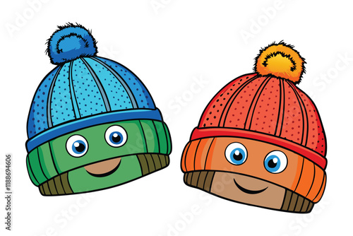 Colorful cartoon beanies with smiling faces, isolated on white background, perfect for winter clothing, kids fashion, or cheerful designs