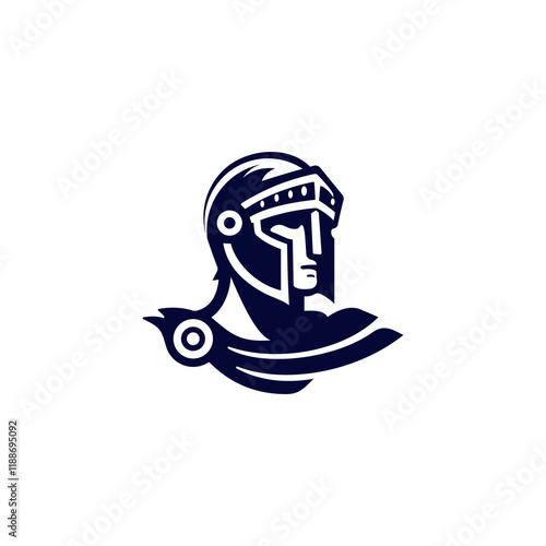 Stylized depiction of a warrior's head with helmet and shoulder pad in blue