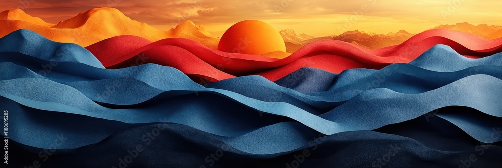 Fototapeta premium Colorful abstract landscape with waves and sunset in a luminous setting