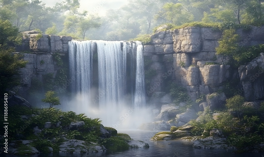 Fototapeta premium Misty waterfall cascading down rocky cliffs into a serene pool, surrounded by lush green forest.