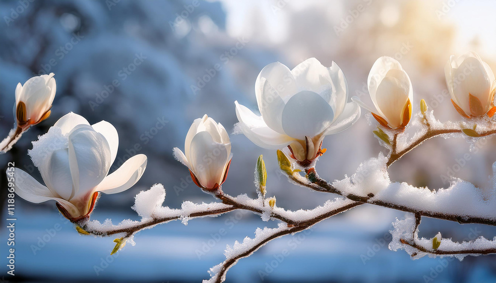 Winters Embrace SnowCovered Magnolia Blossoms in Frosty Scene, Generated image Winters Embrace SnowCovered Magnolia Blossoms in Frosty Scene, Generated image