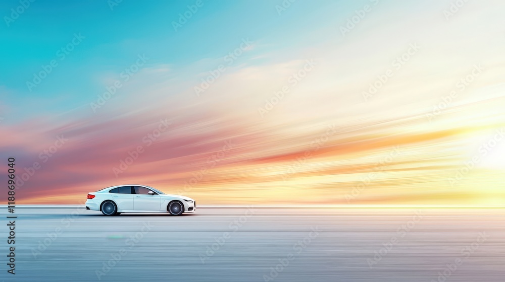 Fototapeta premium A white car is driving on a road near the ocean