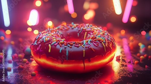 Neon lamps backlight a brilliantly red doughnut featuring multicolored toppings photo