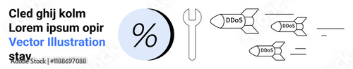 Three DDoS missiles launching, percentage symbol, wrench for solutions. Ideal for cybersecurity, hacking topics, tech articles, threat analysis, data protection, educational content, network