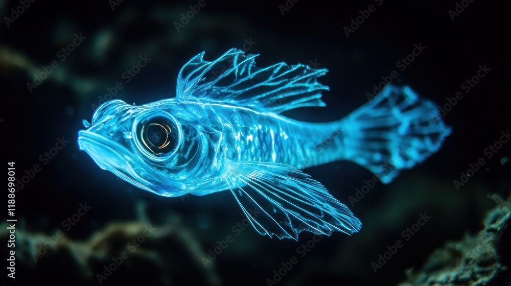 Transparent bioluminescent fish in dark ocean. Transparent bioluminescent fish in dark ocean.