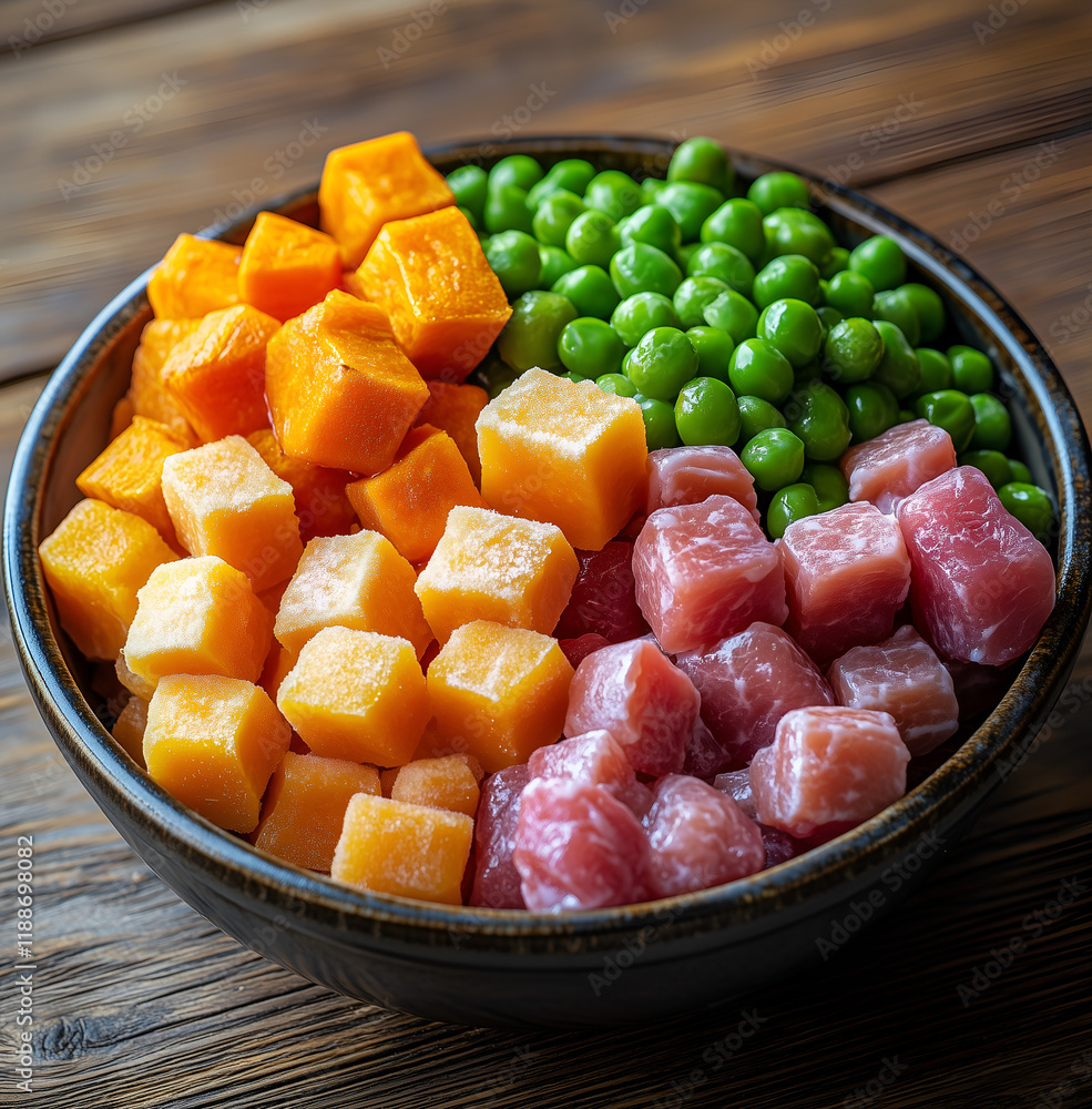dog food in a bowl, with raw meat, beef cubes, carrots, and grains on a white background dog food in a bowl, with raw meat, beef cubes, carrots, and grains on a white background