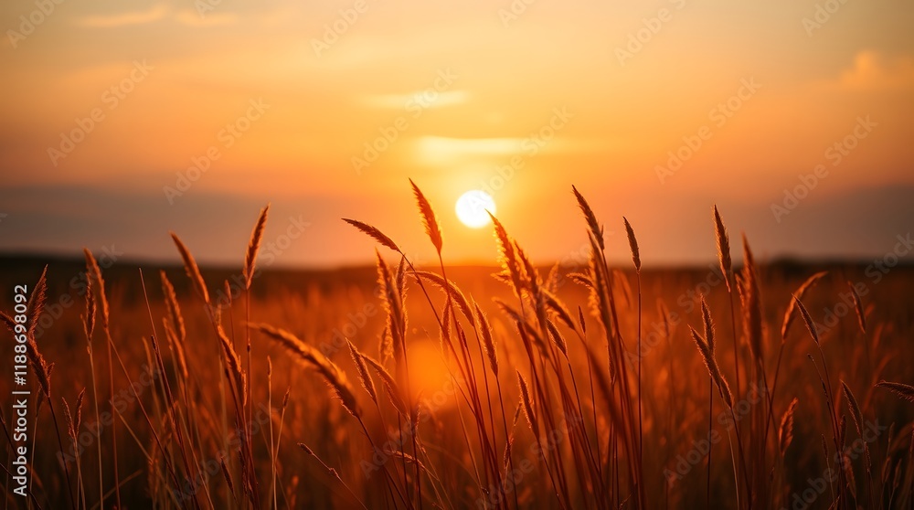 Naklejka premium Golden Sunset: Silhouetted Grass in Warm Light