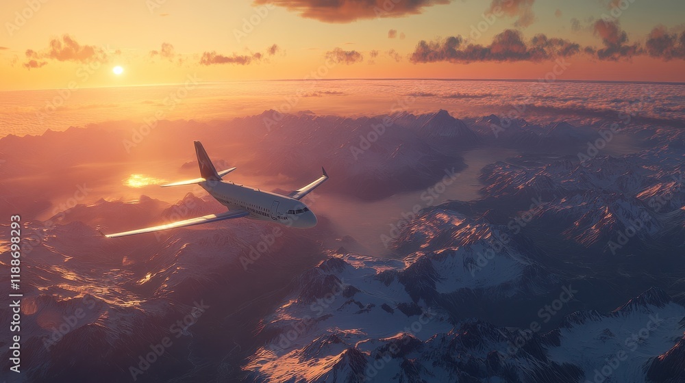Airplane Flying Over Snowy Mountains During Breathtaking Sunset Airplane Flying Over Snowy Mountains During Breathtaking Sunset