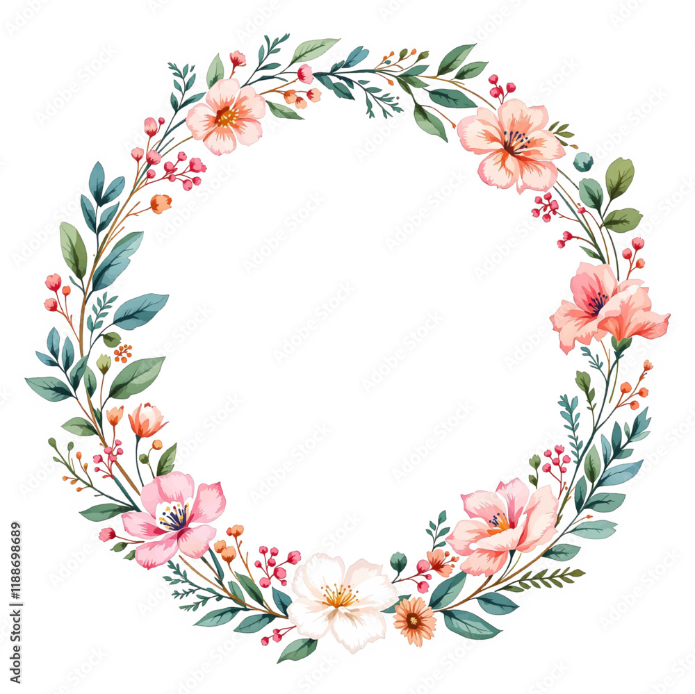 Obraz premium Watercolor Floral Wreath, Wreath Clipart Watercolor, Pastel Pink Flowers Wedding Clipart Wild Floral Clipart