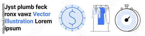 Clothing rack with garments, dollar sign clock, and stopwatch. Ideal for business, fashion, finances, time management, scheduling e-commerce productivity. Landing page
