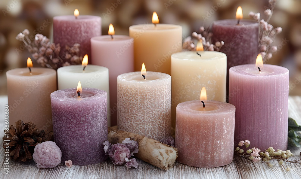 Autumn candles, peaceful scene, home decor Autumn candles, peaceful scene, home decor