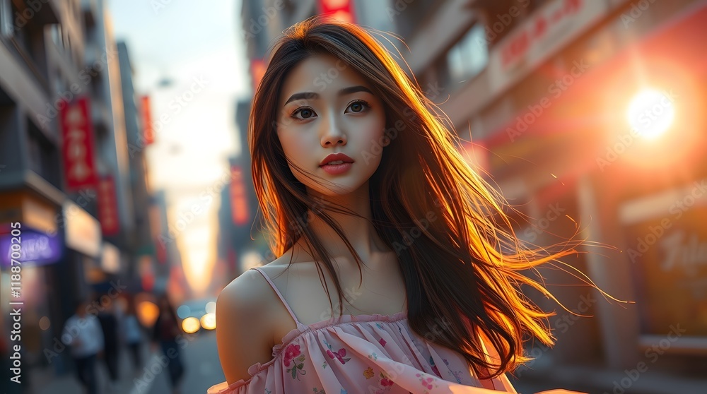 Golden Hour Beauty: Woman in Floral Dress, Urban Sunset Portrait Golden Hour Beauty: Woman in Floral Dress, Urban Sunset Portrait