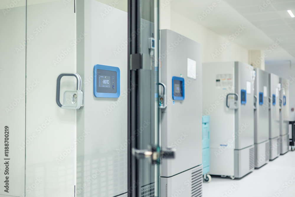 Laboratory deep freezer storing biological samples at minus eighty degrees celsius Laboratory deep freezer storing biological samples at minus eighty degrees celsius