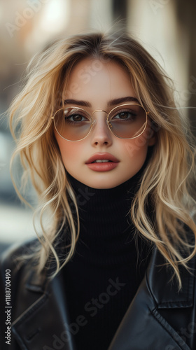 Wallpaper Mural Photo of a beautiful woman on a city street. A stylish blonde in sunglasses is wearing a leather jacket and a black turtleneck sweater. Torontodigital.ca
