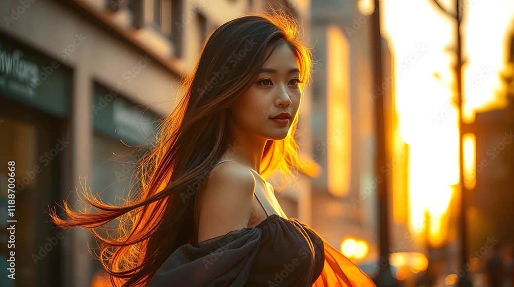 Fototapeta premium Golden Hour Beauty: Woman with flowing hair in a sunset city