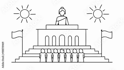 Female leader speaking at a podium under sunlight