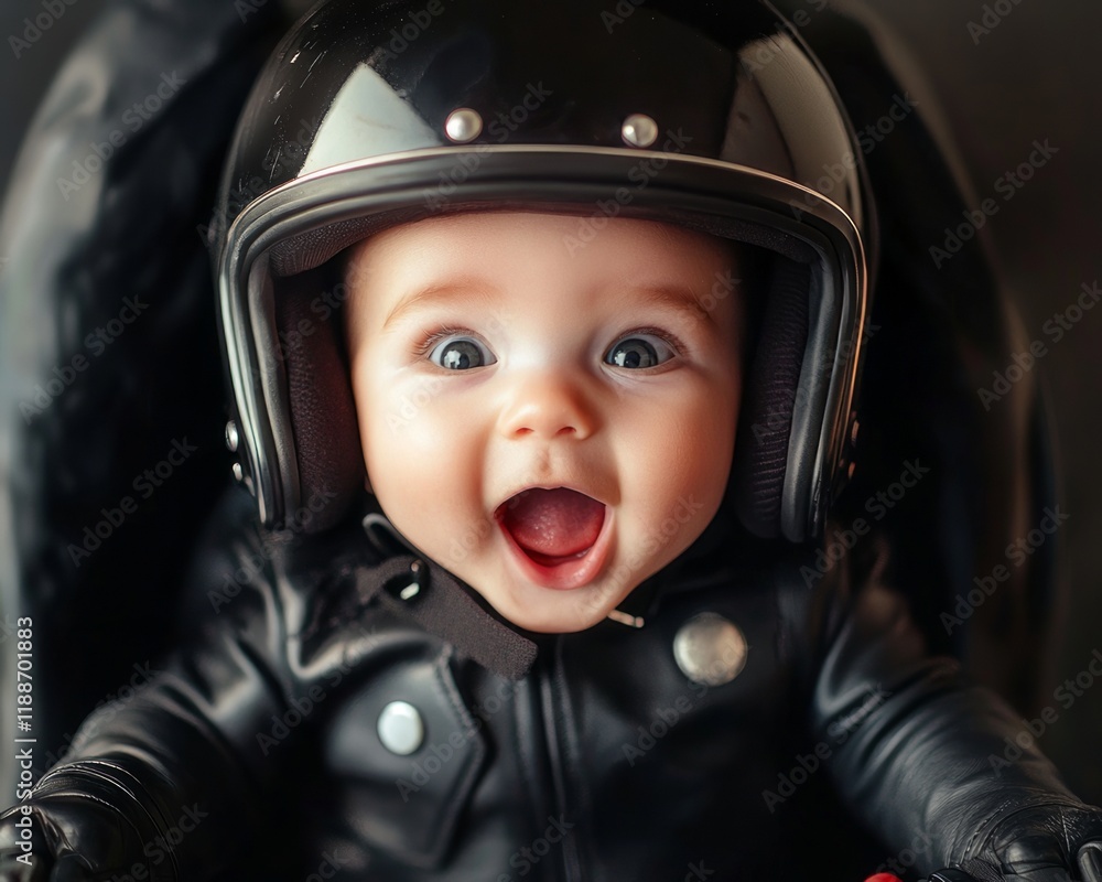 A baby wearing a helmet with a happy expression.
A baby wearing a helmet with a happy expression.