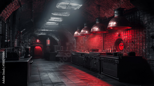 A dramatic underground industrial kitchen with red ambient lighting, featuring vintage equipment and gothic vibes photo