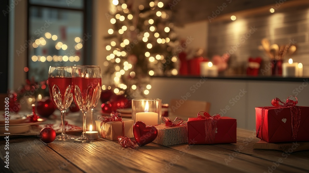 Close-up of a romantic Valentine's display with burning candles, roses, and gift boxes on a rustic wooden table in a modern kitchen setting. Close-up of a romantic Valentine's display with burning candles, roses, and gift boxes on a rustic wooden table in a modern kitchen setting.