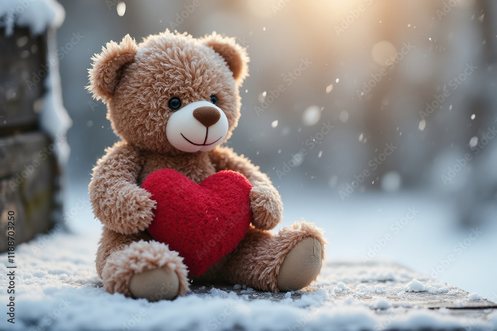 Teddy bear with heart in winter landscape with copy space Teddy bear with heart in winter landscape with copy space
