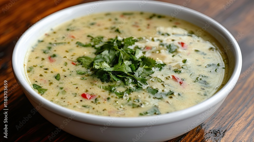 Close-up of Thai shrimp soup featuring coconut milk, chili, and lime, garnished with fresh herbs in a clean white bowl on a wooden table. Close-up of Thai shrimp soup featuring coconut milk, chili, and lime, garnished with fresh herbs in a clean white bowl on a wooden table.