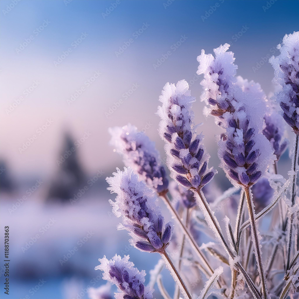 Naklejka premium Frozen Lavender Blossoms Winter Wonderland Frosty Scene Ice Crystals, Generated image
