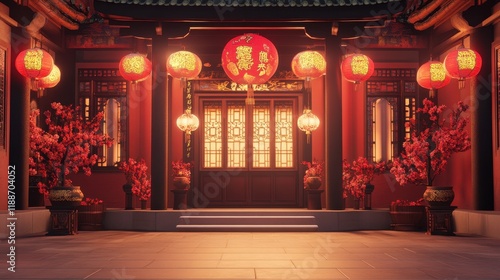 Illuminated Chinese House Entrance with Lanterns and Blossoms