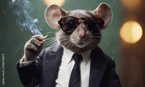 Elegant mouse gangster in sunglasses. Gentleman smoking. Fashionable image