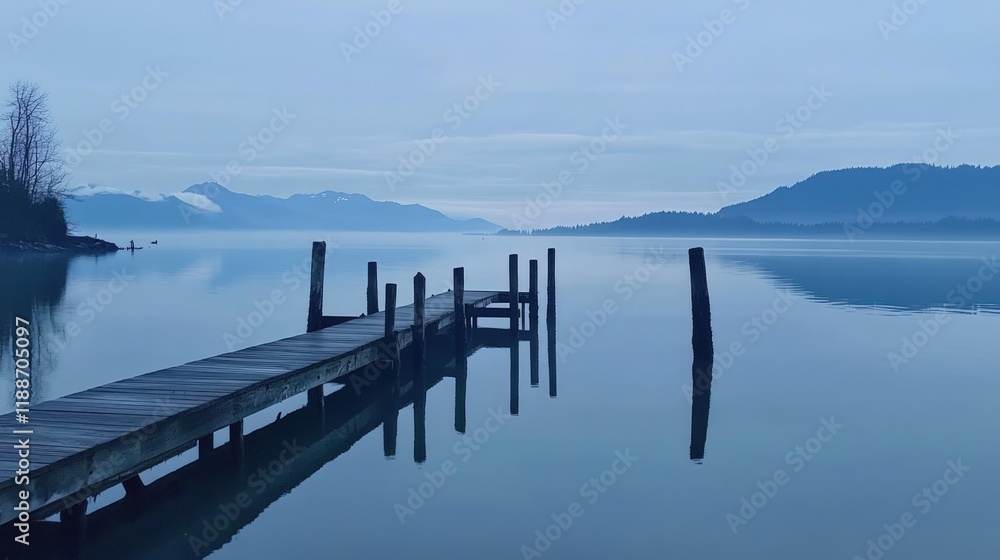Tranquil Lake Pier Morning Serenity: Misty Mountains and Still Waters Tranquil Lake Pier Morning Serenity: Misty Mountains and Still Waters