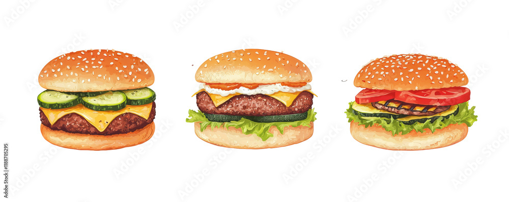 Gourmet burger set collection with fresh vegetables in dark studio photography Gourmet burger set collection with fresh vegetables in dark studio photography