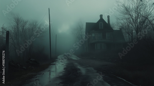 Fototapeta Naklejka Na Ścianę i Meble -  Small town and lonely mystical house, horror vibes, eerie and fog.