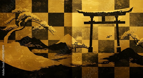 Gold contemporary artistic Japanese ukiyo-e, folding screen ambience, abstract, elegant, delicate and luxurious retro dramatic graphic design elements