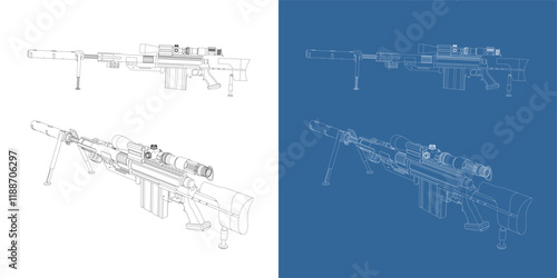vector Sniper Rifle line art draw blueprint wireframe from side and back view isolated in transparent background
