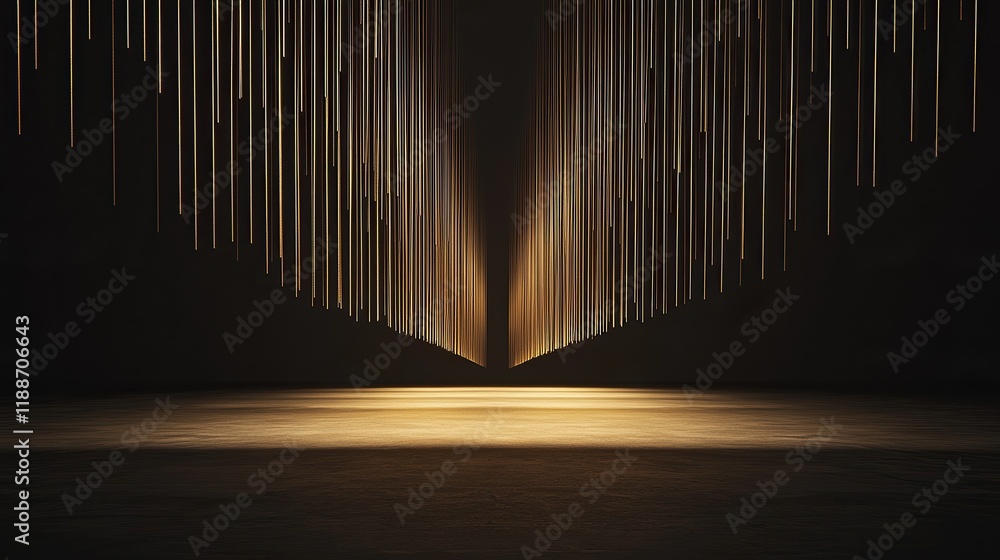 **A minimalist interplay of parallel golden beams seemingly suspended in a dark matte void **A minimalist interplay of parallel golden beams seemingly suspended in a dark matte void