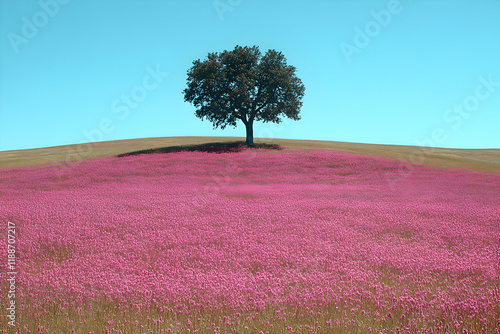 Lone tree, pink field, clear sky, idyllic landscape, nature scene