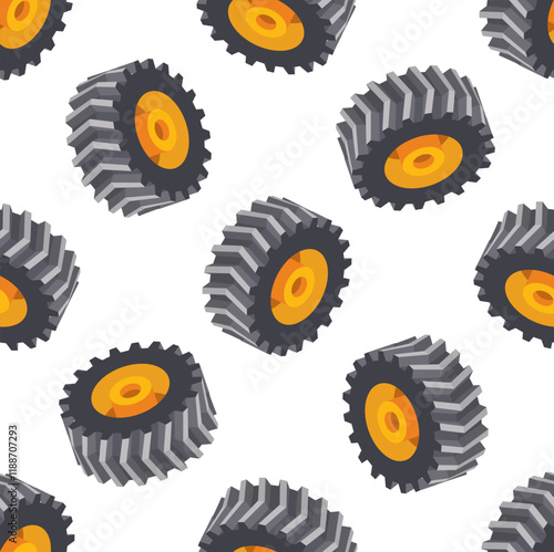 Seamless pattern with isometric tractor wheels. Objects isolated on white background. Heavy duty truck wheels.