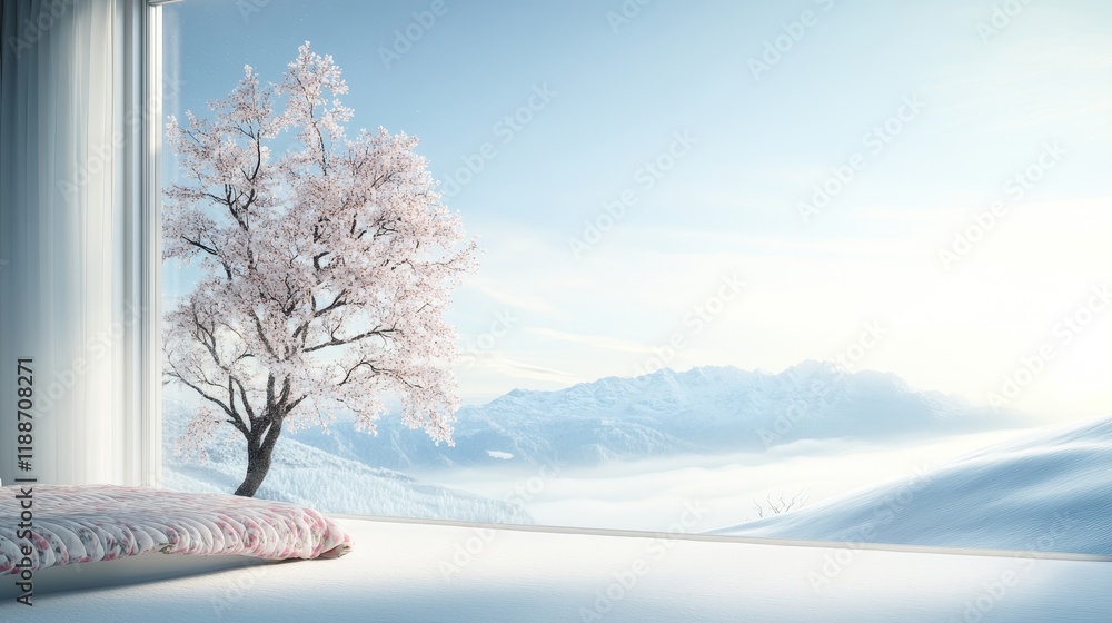 Fototapeta premium Serene Winter Landscape with Snow-Covered Mountains and Blooming Cherry Tree Framed by a Large Window in a Peaceful, Minimalist Room