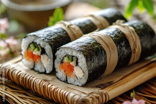Freshly prepared sushi rolls presented on a bamboo mat with vibrant colors and textures at a cozy setting
