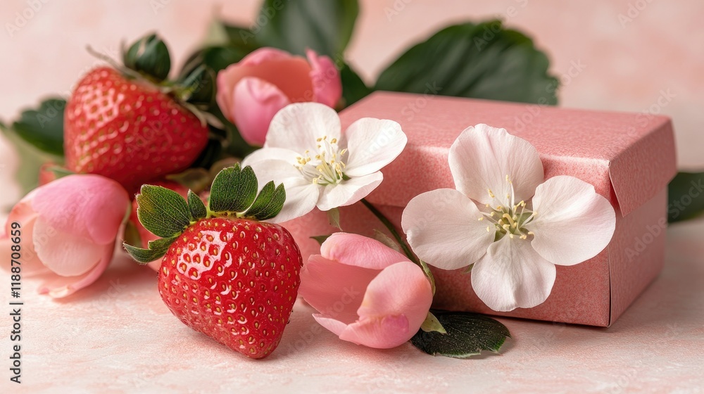 Elegant strawberry and flower gift box, with shiny glazed fruits and delicate blooms, isolated on a light, serene background. Elegant strawberry and flower gift box, with shiny glazed fruits and delicate blooms, isolated on a light, serene background.