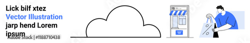Cloud icon alongside an online storefront with a blue awning and a person securing a lock. Ideal for cloud storage, e-commerce, data security, online shopping, cloud services, digital security