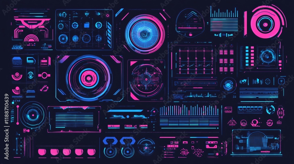 Fototapeta premium Futuristic HUD UI Kit Neon Pink Blue Sci-Fi Interface Elements