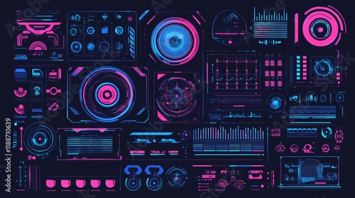Futuristic HUD UI Kit Neon Pink Blue Sci-Fi Interface Elements