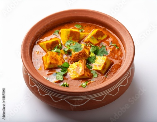 Indian traditional cuisine paneer handi in clay pot on white background photo