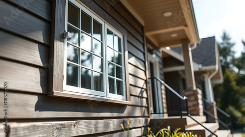 Modern House Exterior with White Window and Wooden Siding: Real Estate Photography photo