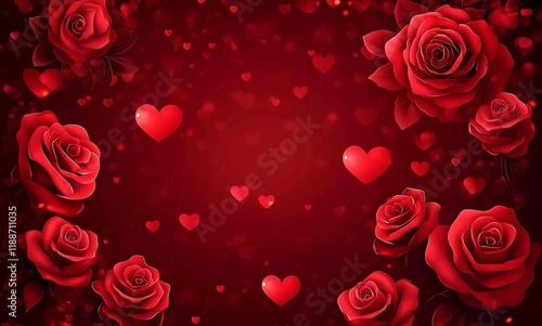 Elegant Romantic Background with Lush Red Roses, Floating Hearts, and Dreamy Bokeh Lights, Perfect for Valentine’s Day, Love, and Wedding Themes photo