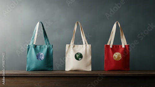 Three eco-friendly tote bags with earth designs on a wooden surface. photo