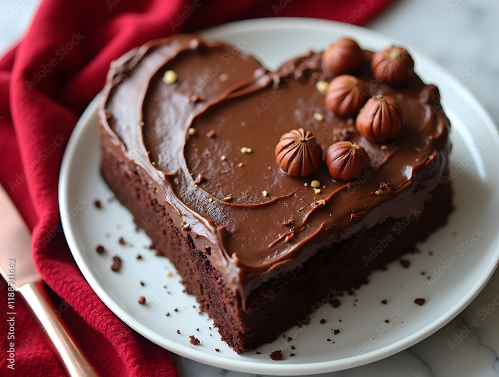Creative concept in cooking. Chocolate cake with dark glaze in the shape of a heart, decorated with pistachio nuts, rose gold knife and red velvet fabric on a marble table. Creative concept in cooking. Chocolate cake with dark glaze in the shape of a heart, decorated with pistachio nuts, rose gold knife and red velvet fabric on a marble table.