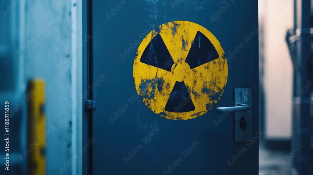 Obraz premium Grunge metal door with radioactive symbol.
